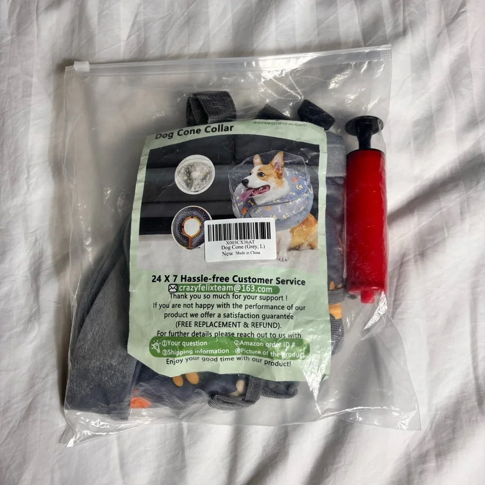 NWT Crazy Felix gray plush 2 in 1 inflatable dog cone collar size large
